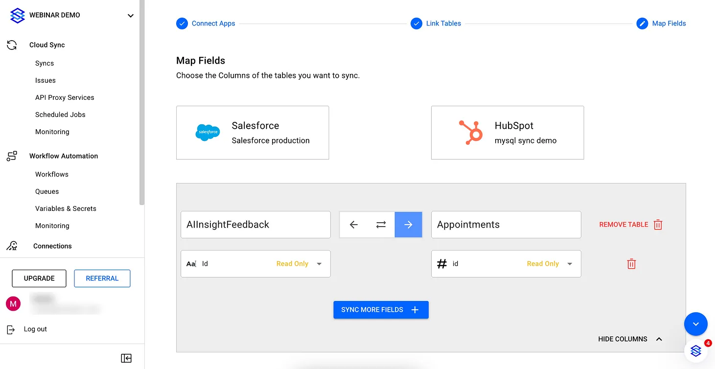 "Map Fields" step mapping Salesforce AIInsightFeedback Id to HubSpot Appointments id, with a "Sync More Fields" button