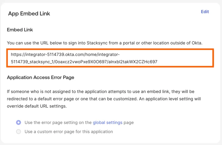 Okta App Embed Link section with the Stacksync embed URL highlighted.
