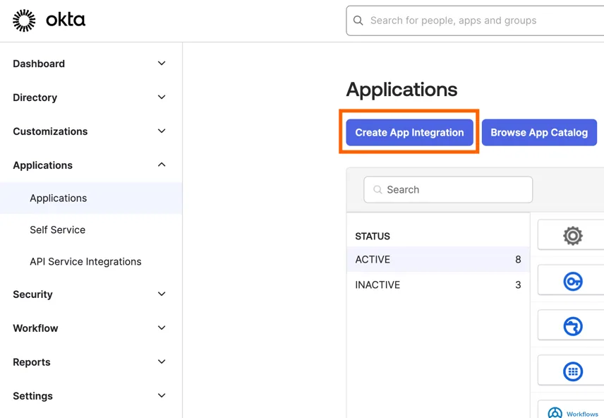 Okta Applications page with the "Create App Integration" button highlighted.
