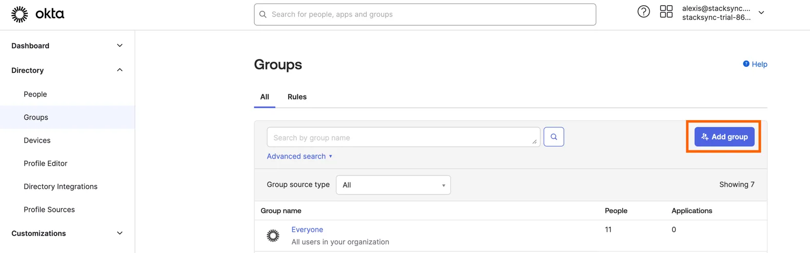 Okta Directory Groups page with the "Add group" button highlighted, used to create Stacksync Editors and Viewers groups.