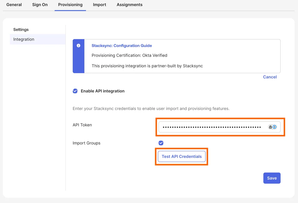 Okta Provisioning Integration with "Enable API integration" checked, the API Token field and "Test API Credentials" highlighted.
