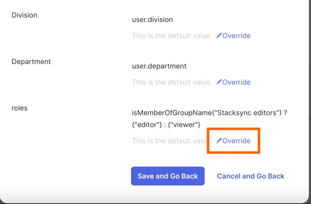 Okta group assignment form showing the roles expression with the "Override" link highlighted.