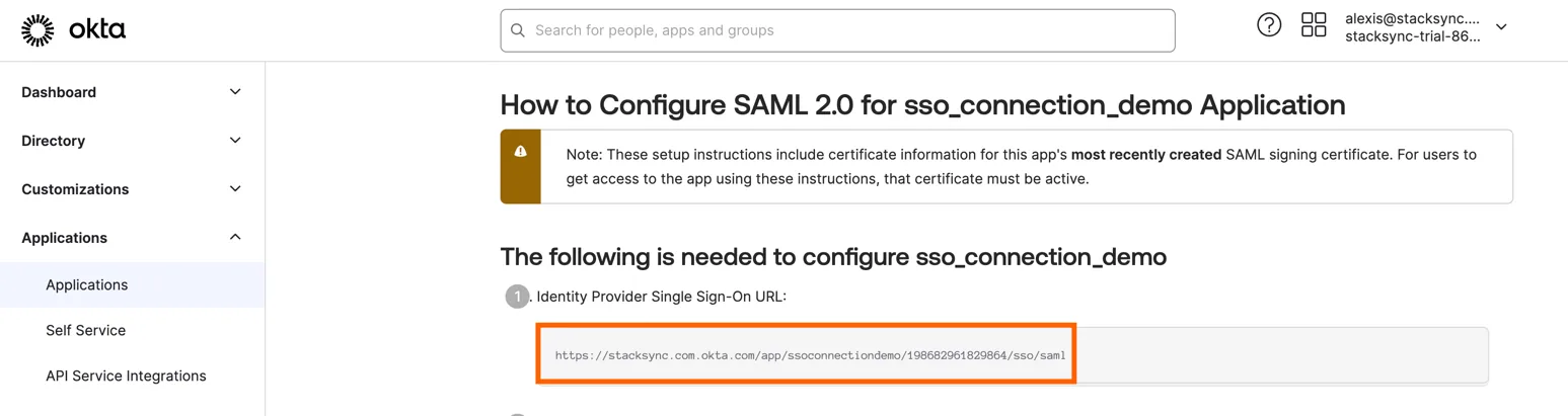 Okta "How to Configure SAML 2.0" page with the Identity Provider Single Sign-On URL highlighted.