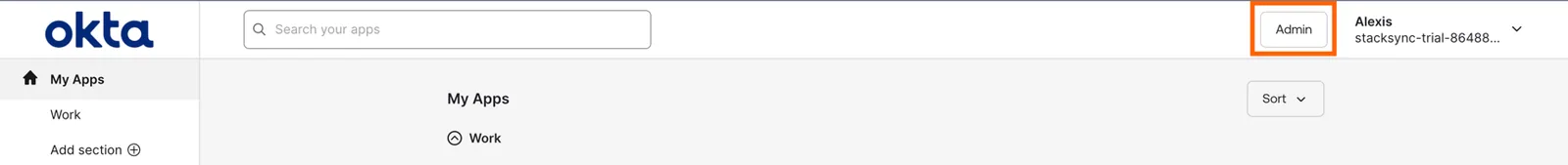Okta My Apps homepage with the "Admin" button highlighted in the top bar.