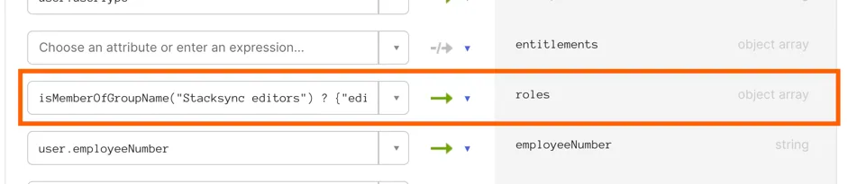 Okta mapping row with an isMemberOfGroupName("Stacksync editors") expression mapped to the Stacksync "roles" attribute.