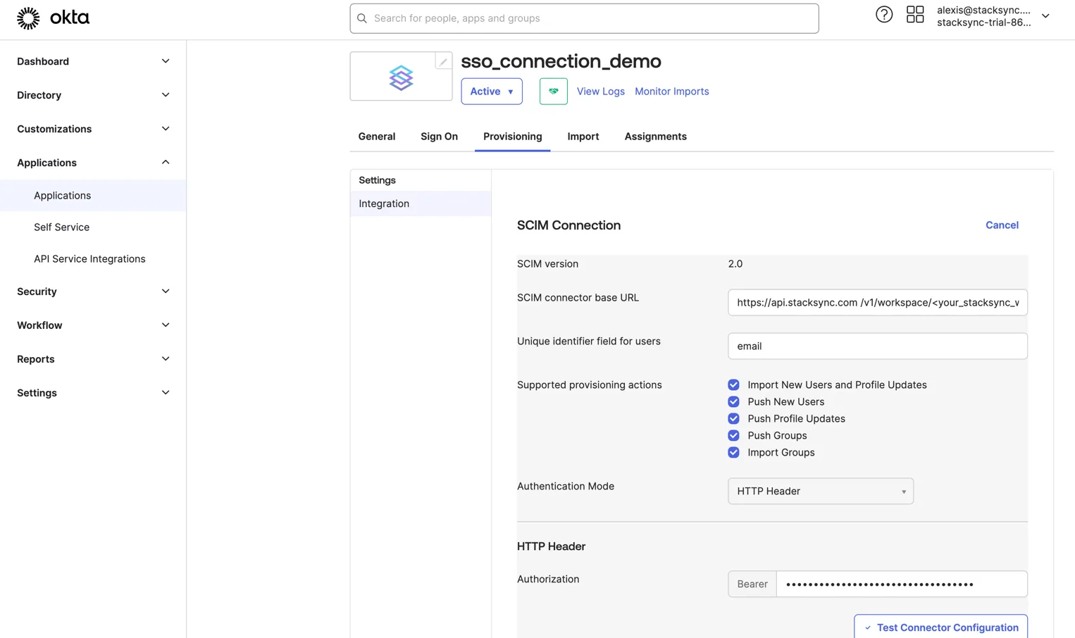 Okta SCIM Connection: Stacksync base URL, unique identifier "email", provisioning actions checked, HTTP Header Bearer authorization.