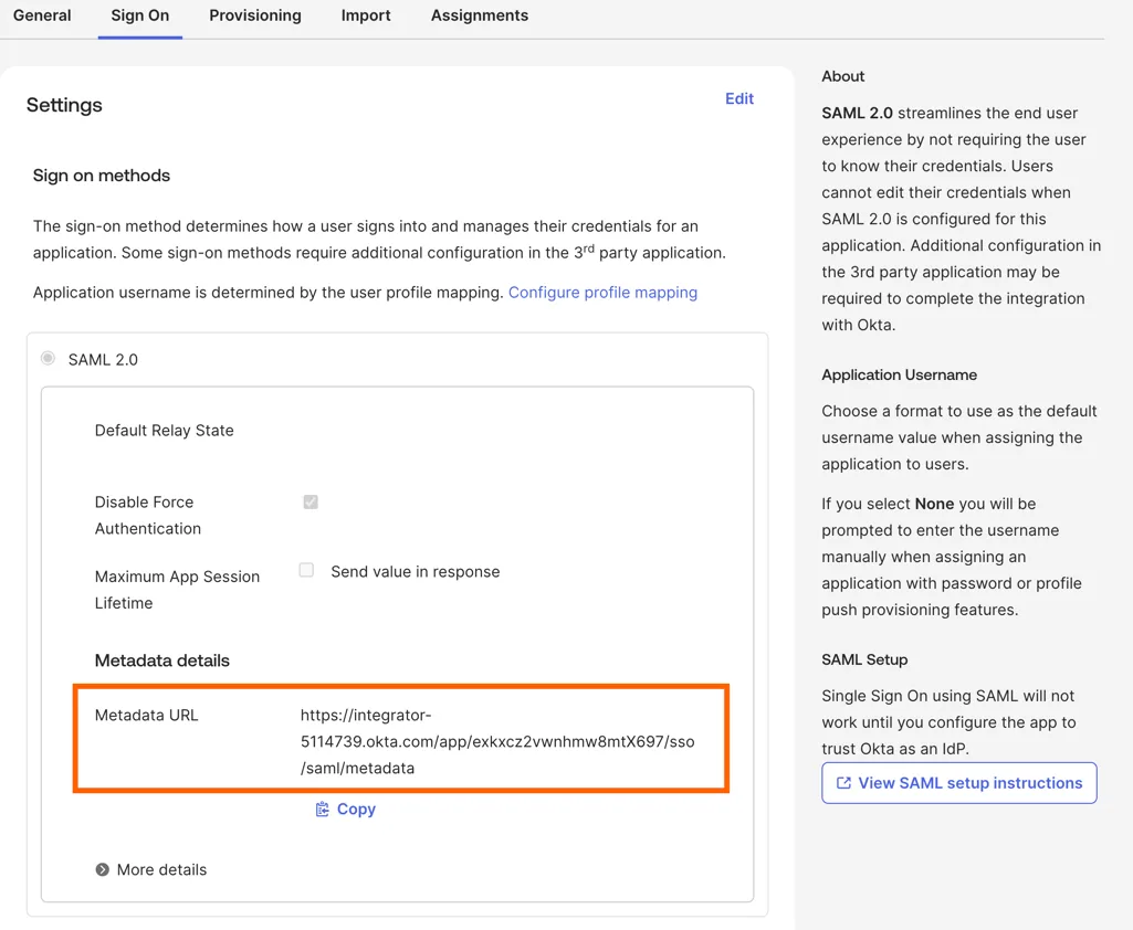Okta Sign On tab for the SAML 2.0 app with the Metadata URL under Metadata details highlighted and a Copy link.