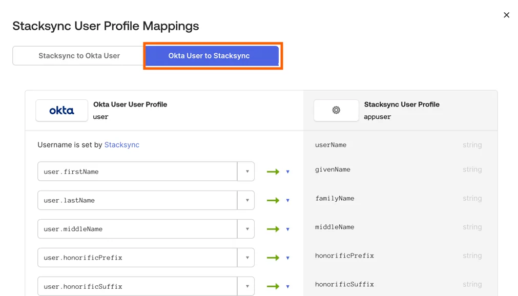 Okta Stacksync User Profile Mappings with the "Okta User to Stacksync" tab highlighted and user fields mapped to Stacksync attributes.