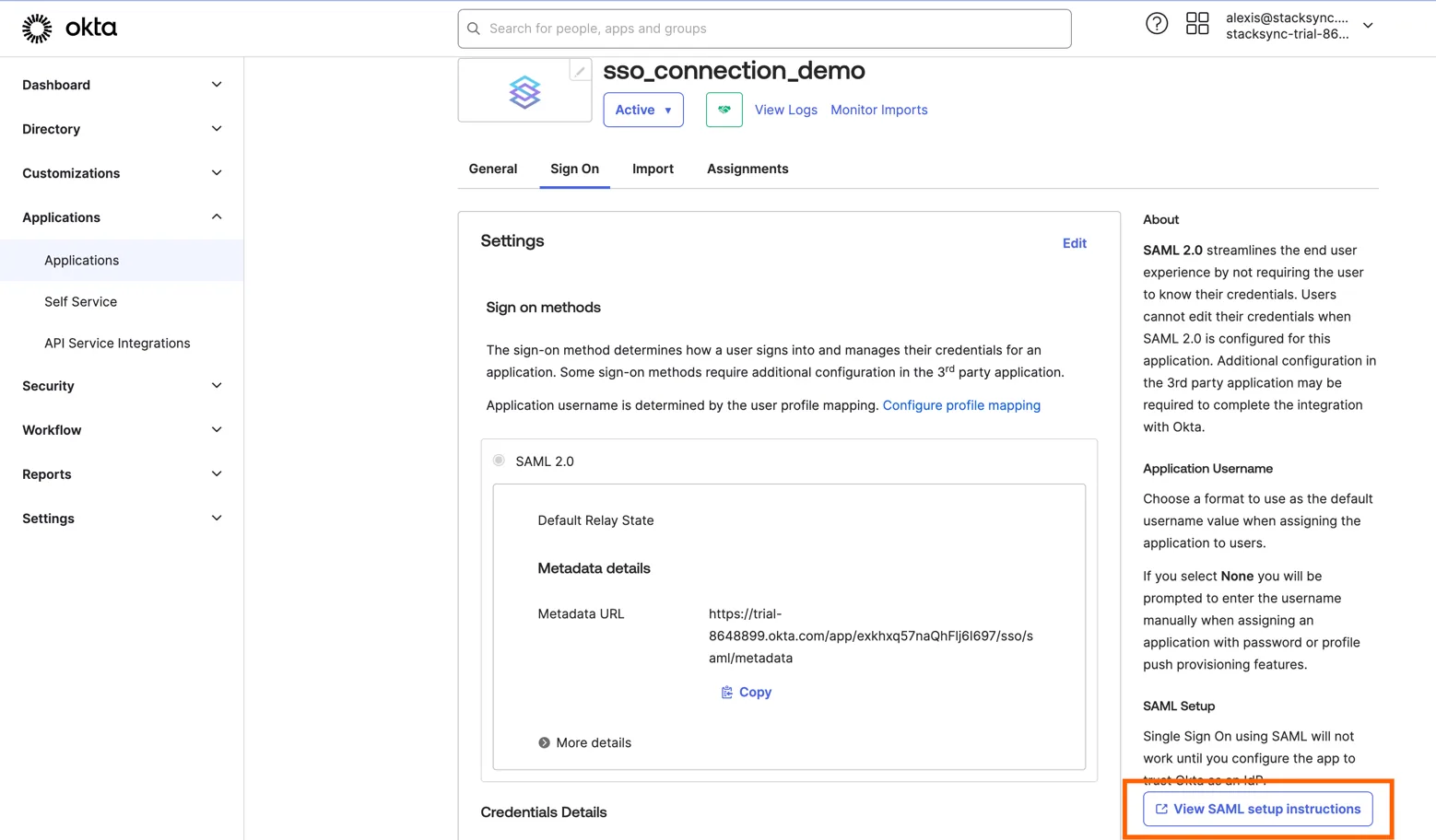 Okta sso_connection_demo app Sign On tab with the "View SAML setup instructions" button highlighted.
