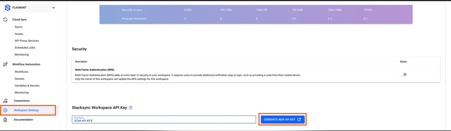 Stacksync Workspace Settings with Key Name "SCIM API KEY" entered and the "Generate new API key" button highlighted.