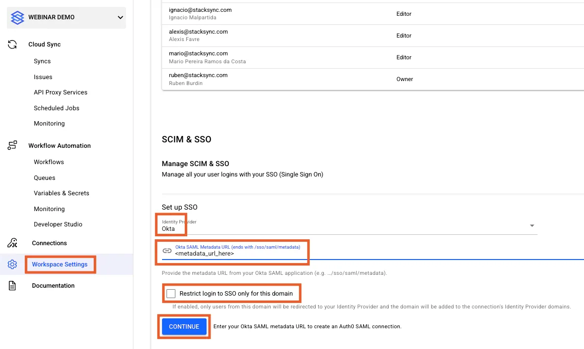 Stacksync Workspace Settings SCIM & SSO with Identity Provider "Okta", Okta SAML Metadata URL field, restrict-domain checkbox and Continue.