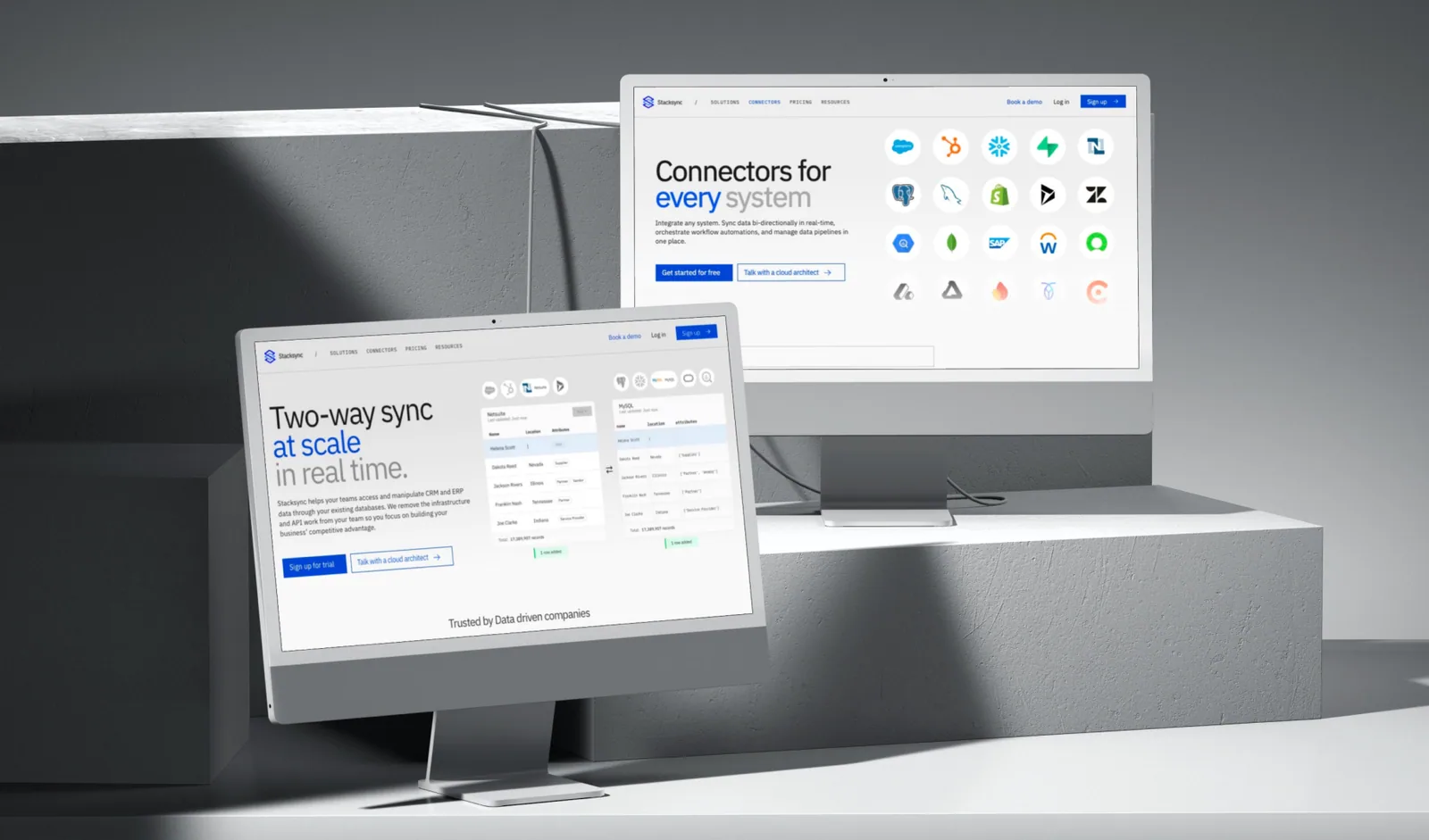 Two desktop monitors showing the Stacksync website: "Two-way sync at scale in real time" and "Connectors for every system".