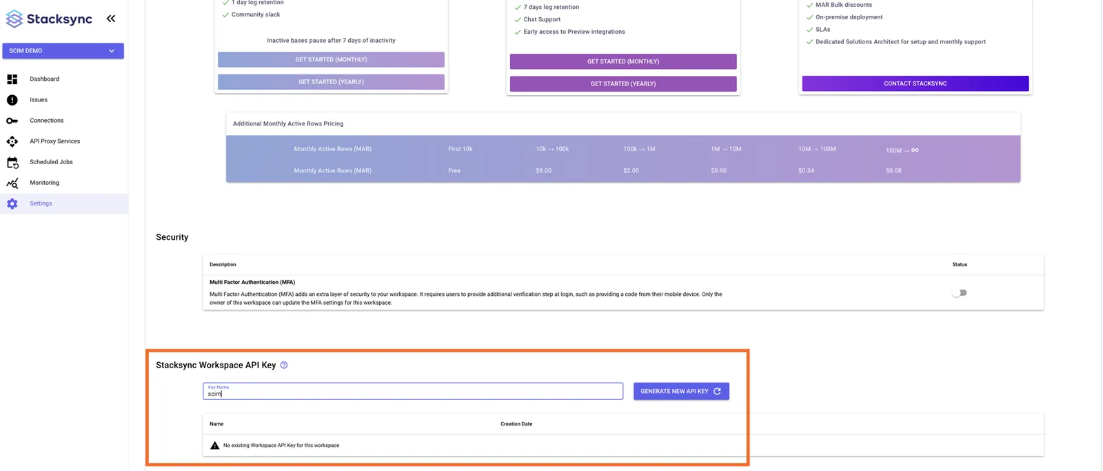 Stacksync Settings page with the "Stacksync Workspace API Key" section highlighted: Key Name field and "Generate new API key" button.