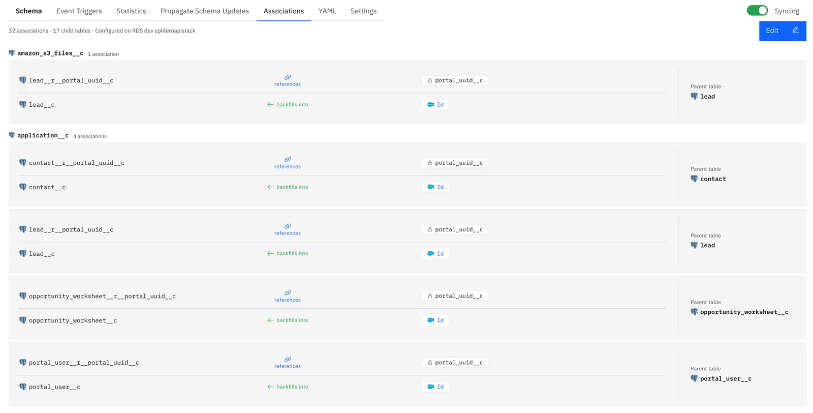 Associations tab listing 32 configured associations across child tables, each showing reference key, backfilled Id column and parent table.