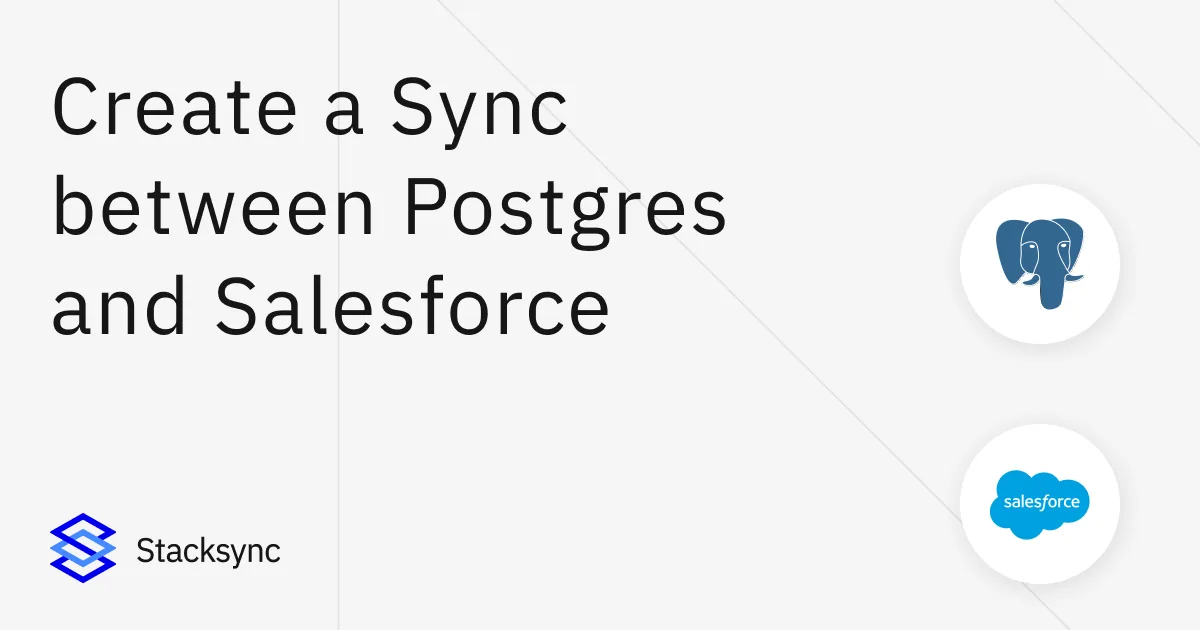 Stacksync guide cover "Create a Sync between Postgres and Salesforce" with Postgres and Salesforce logos
