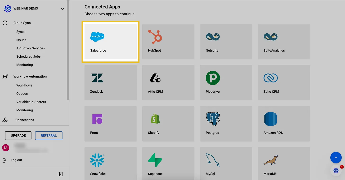 Stacksync "Connected Apps" grid with the Salesforce tile highlighted for selection
