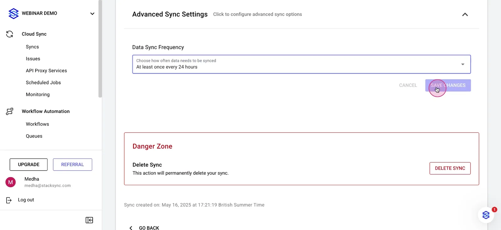 Data Sync Frequency set to "At least once every 24 hours" with the "Save changes" button being clicked.