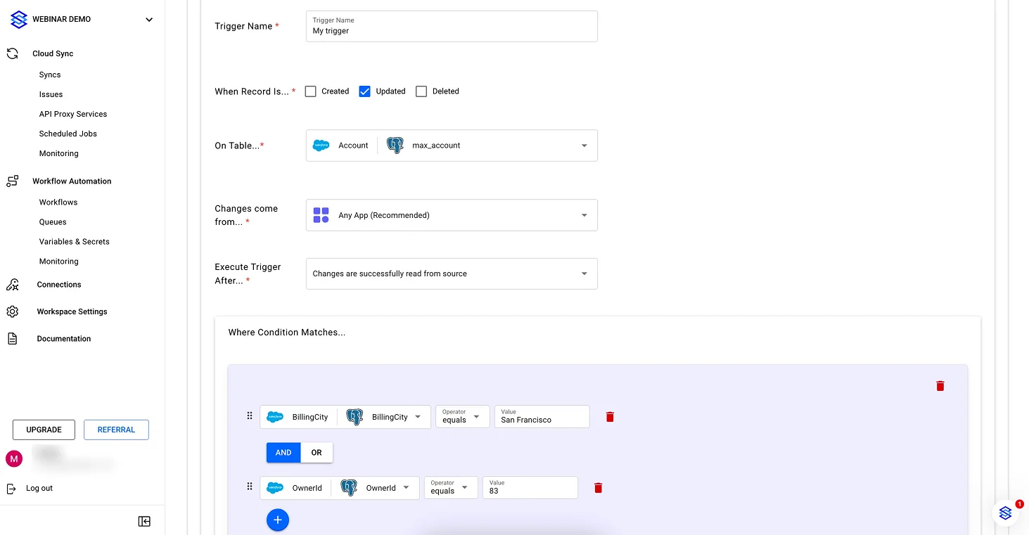 Trigger form for Updated records on Account/max_account, with BillingCity equals "San Francisco" AND OwnerId equals 83 conditions.