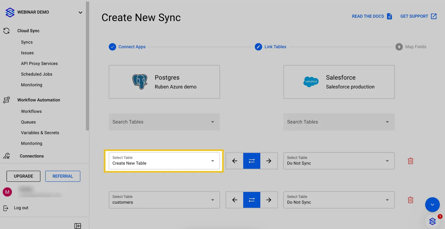 Stacksync Link Tables step with the Postgres "Select Table" dropdown set to "Create New Table" highlighted