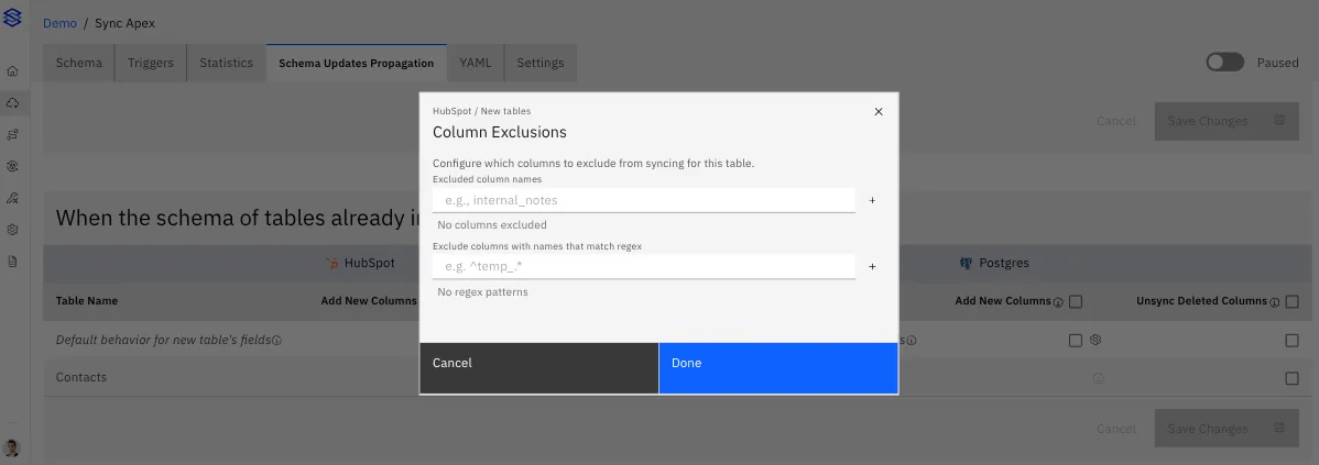 Column Exclusions dialog for HubSpot new tables, with fields to exclude column names and regex patterns, plus Cancel and Done.