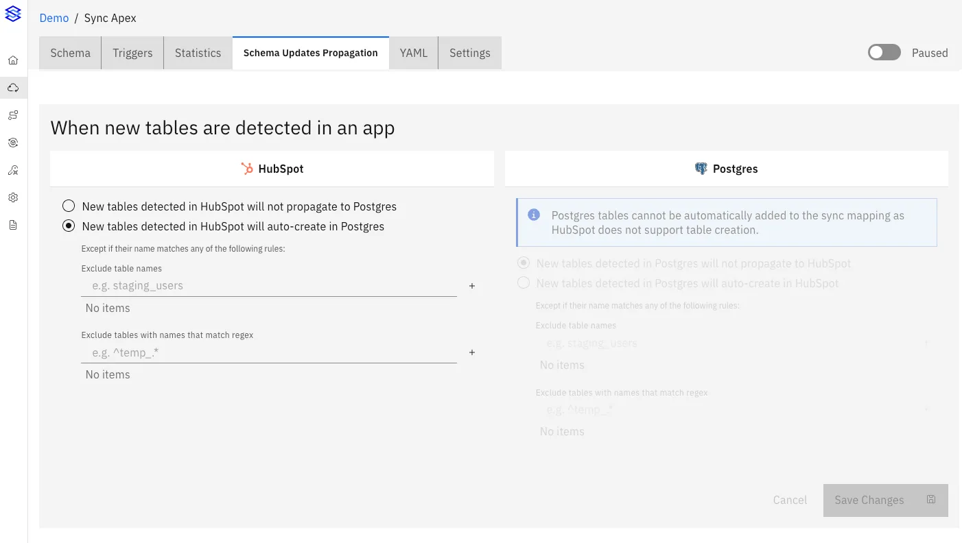 "When new tables are detected" settings: new HubSpot tables auto-create in Postgres, with exclude-by-name and regex rules.
