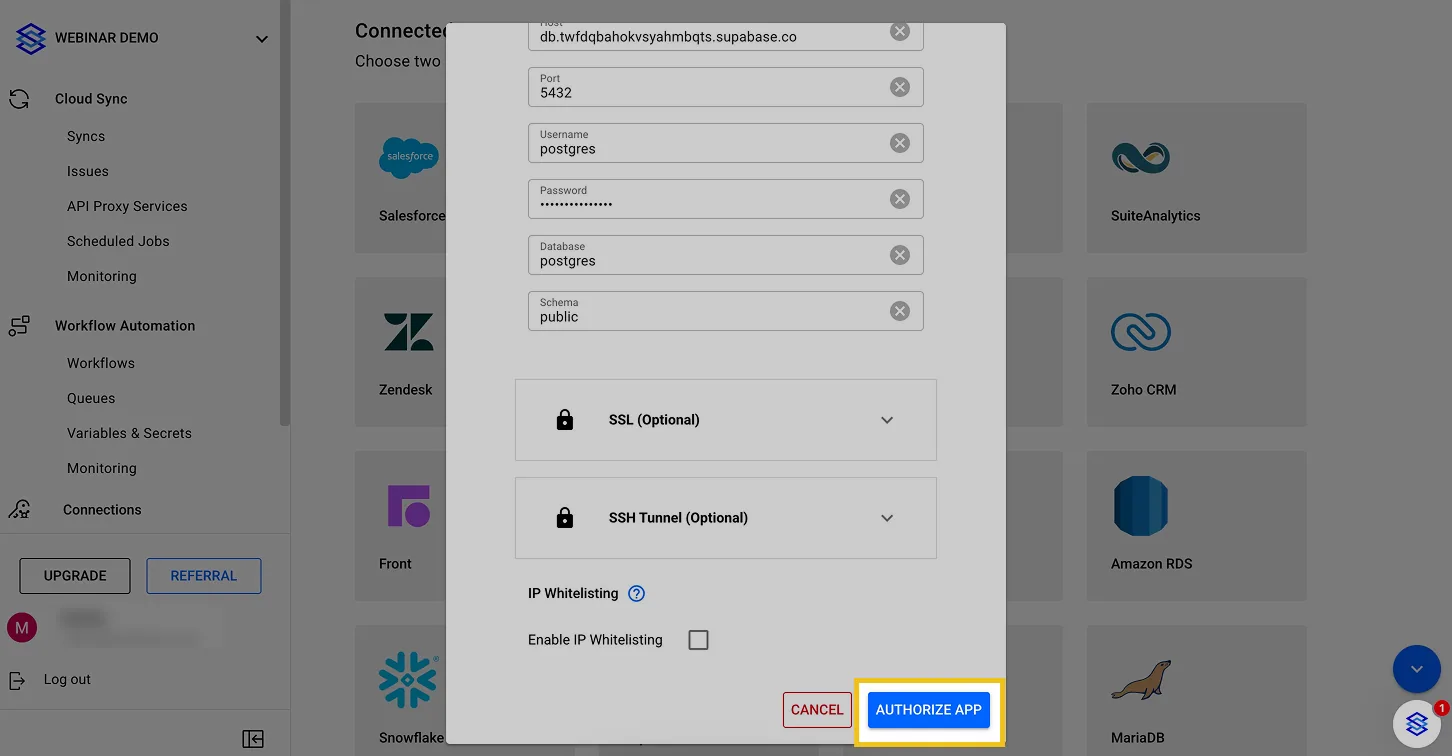 Stacksync Postgres dialog filled with Supabase host, port 5432 and user postgres, with "AUTHORIZE APP" highlighted