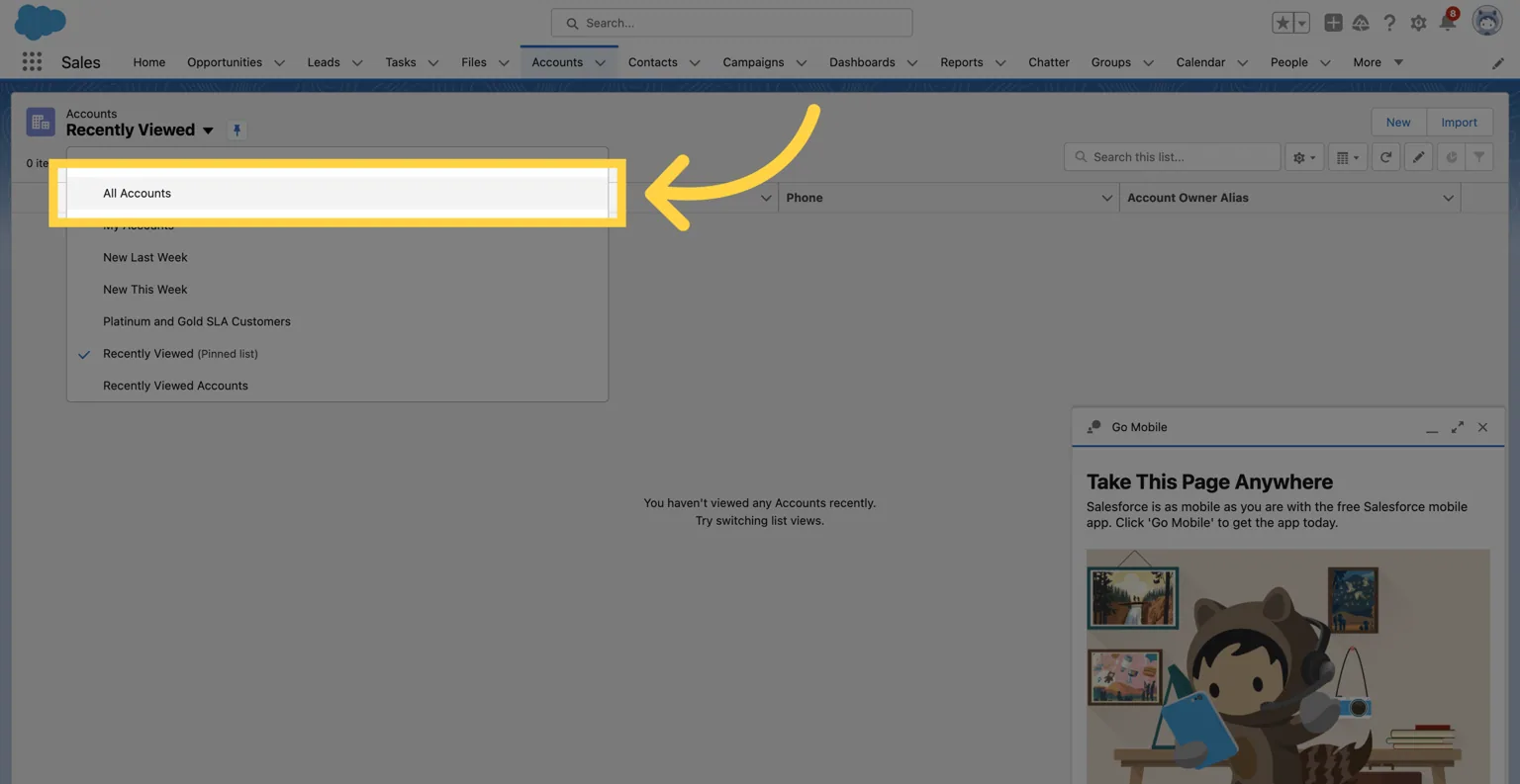 Salesforce Accounts list view dropdown open with "All Accounts" highlighted