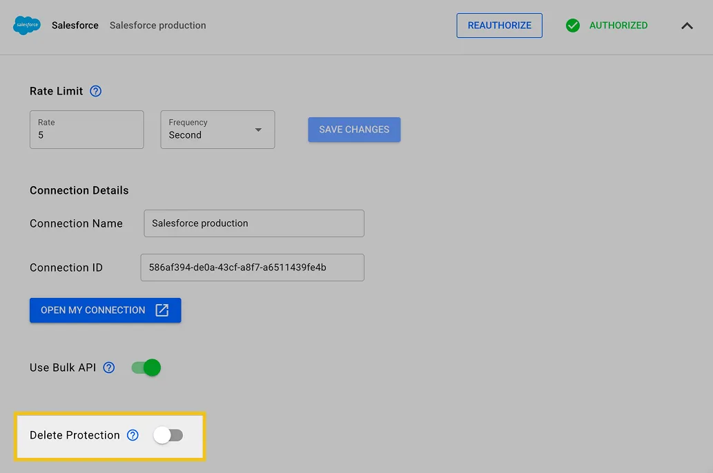 Salesforce connection settings in a sync showing Rate Limit, Connection Details, Use Bulk API, and the "Delete Protection" toggle highlighted.