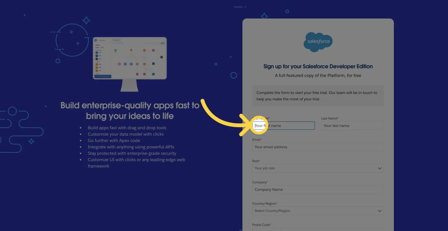 Salesforce Developer Edition sign-up form with an arrow pointing to the First Name field