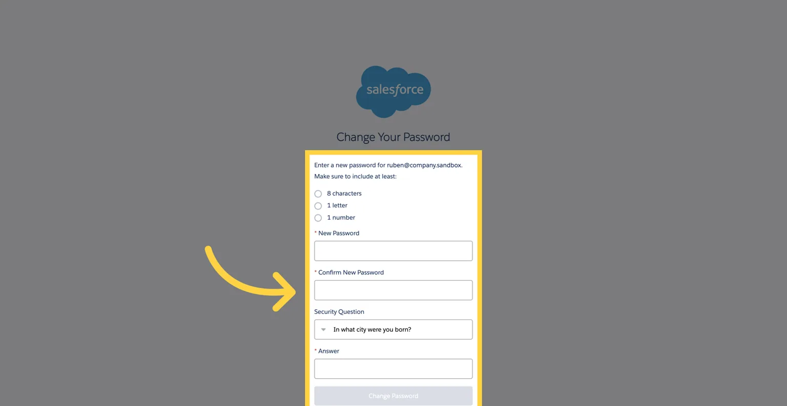 Salesforce "Change Your Password" form highlighted, with New Password, Confirm New Password and security question fields