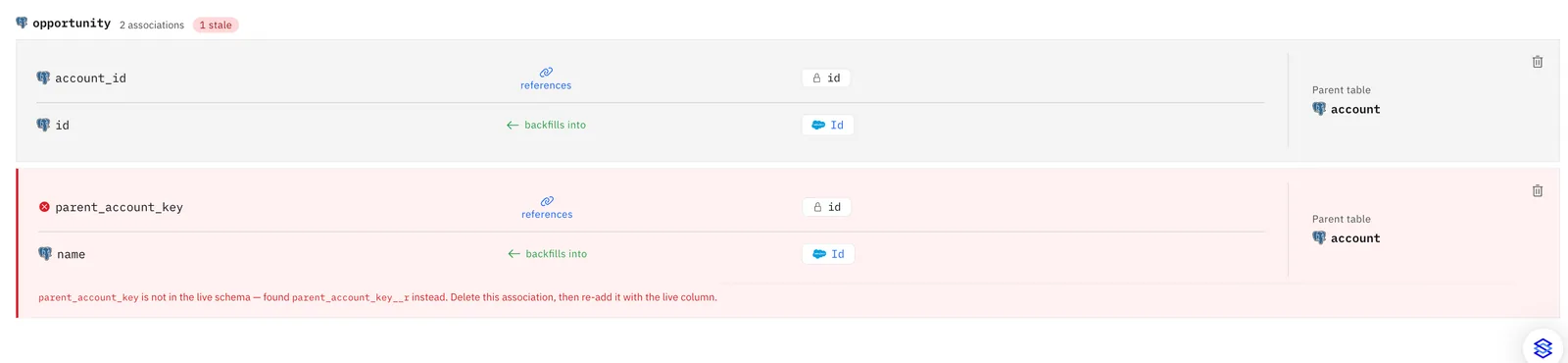 Opportunity association flagged "1 stale": parent_account_key is not in the live schema, suggesting parent_account_key__c instead.