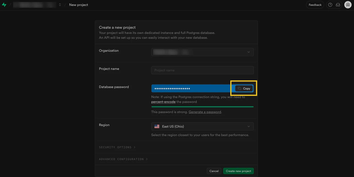 Supabase "Create a new project" form with the "Copy" button for the generated database password highlighted