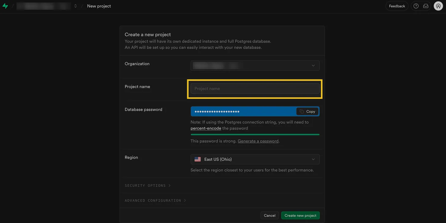 Supabase "Create a new project" form with the "Project name" field highlighted