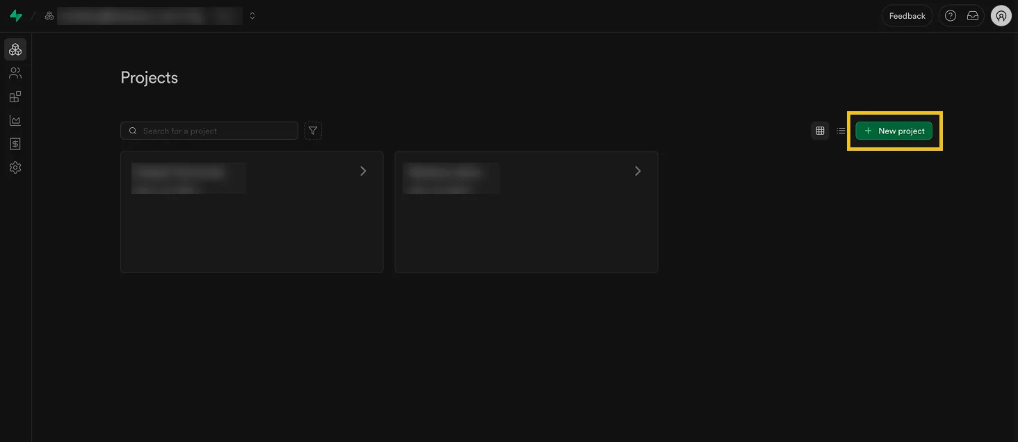 Supabase Projects dashboard with the "New project" button highlighted