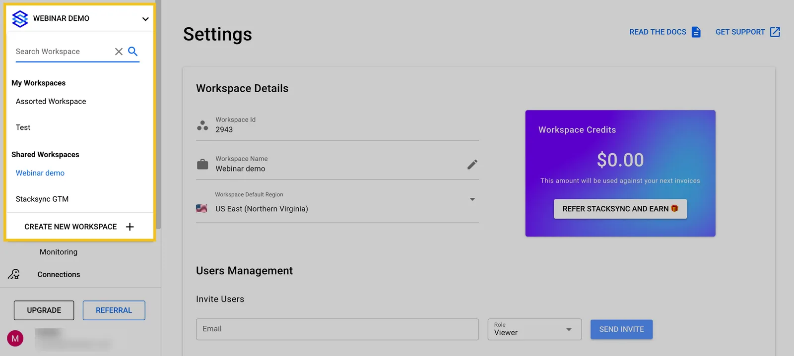 Workspace selector dropdown listing My Workspaces and Shared Workspaces, with search and a "Create new workspace" option.