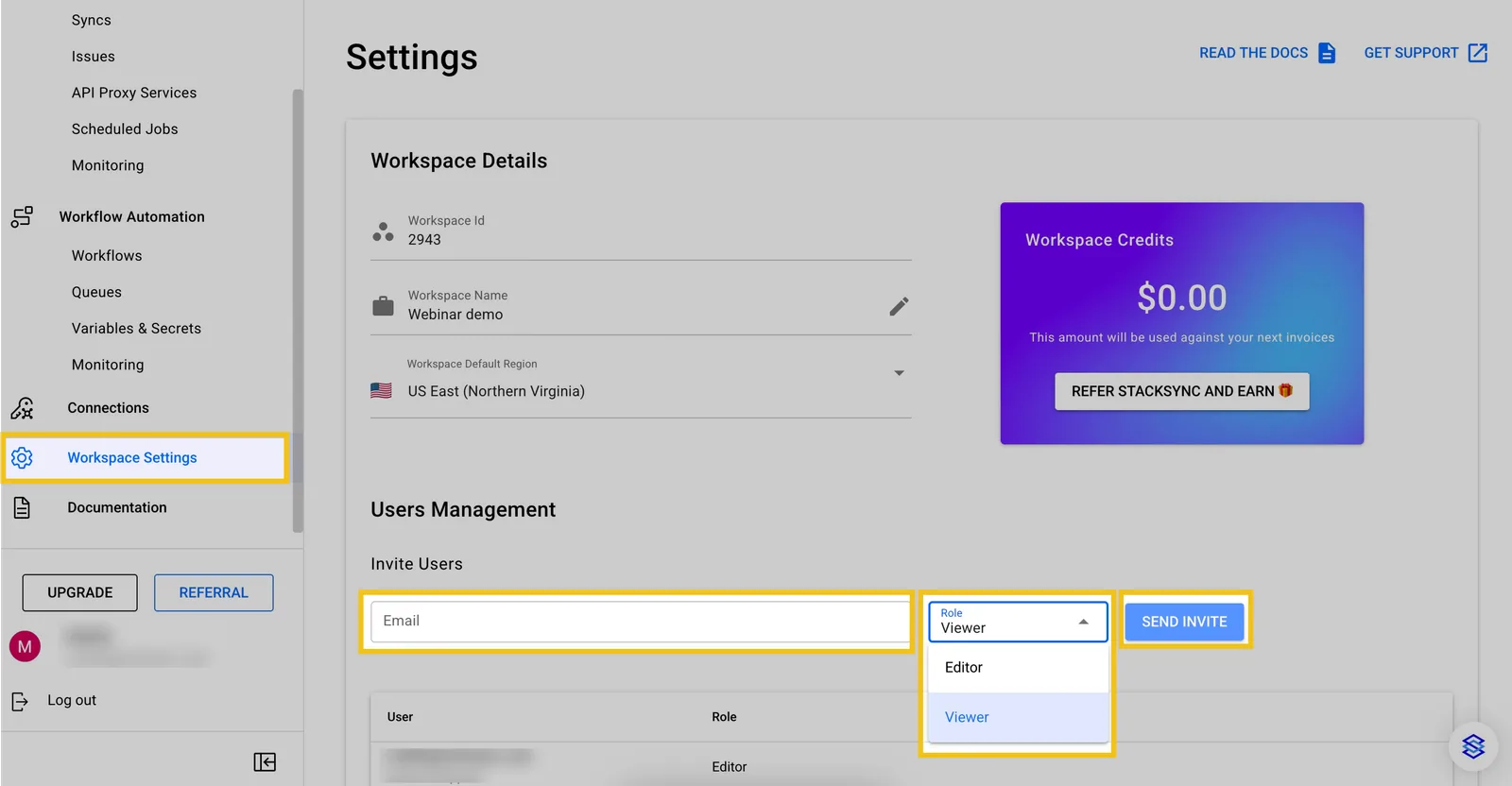 Workspace Settings page with Users Management highlighted: email field, Role dropdown (Editor or Viewer) and "Send invite" button.